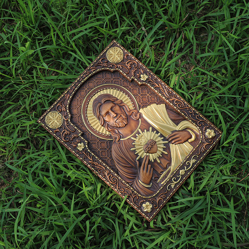 Hand Carved Sacred Heart of Jesus Statue - Catholic Devotional Wood Art, Christian Home Altar Gift - QIADGE