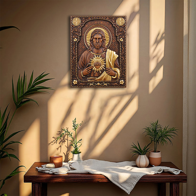 Hand Carved Sacred Heart of Jesus Statue - Catholic Devotional Wood Art, Christian Home Altar Gift - QIADGE