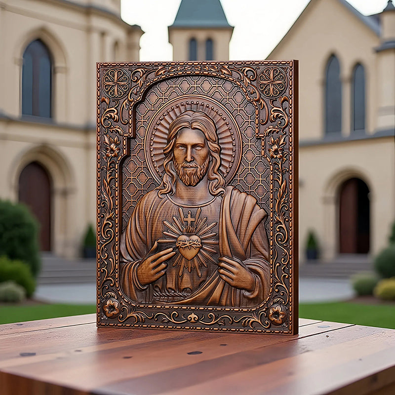Hand Carved Sacred Heart of Jesus Statue - Catholic Devotional Wood Art, Christian Home Altar Gift - QIADGE