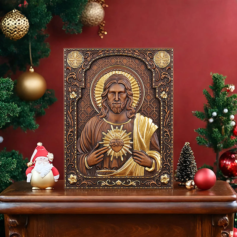 Hand Carved Sacred Heart of Jesus Statue - Catholic Devotional Wood Art, Christian Home Altar Gift - QIADGE