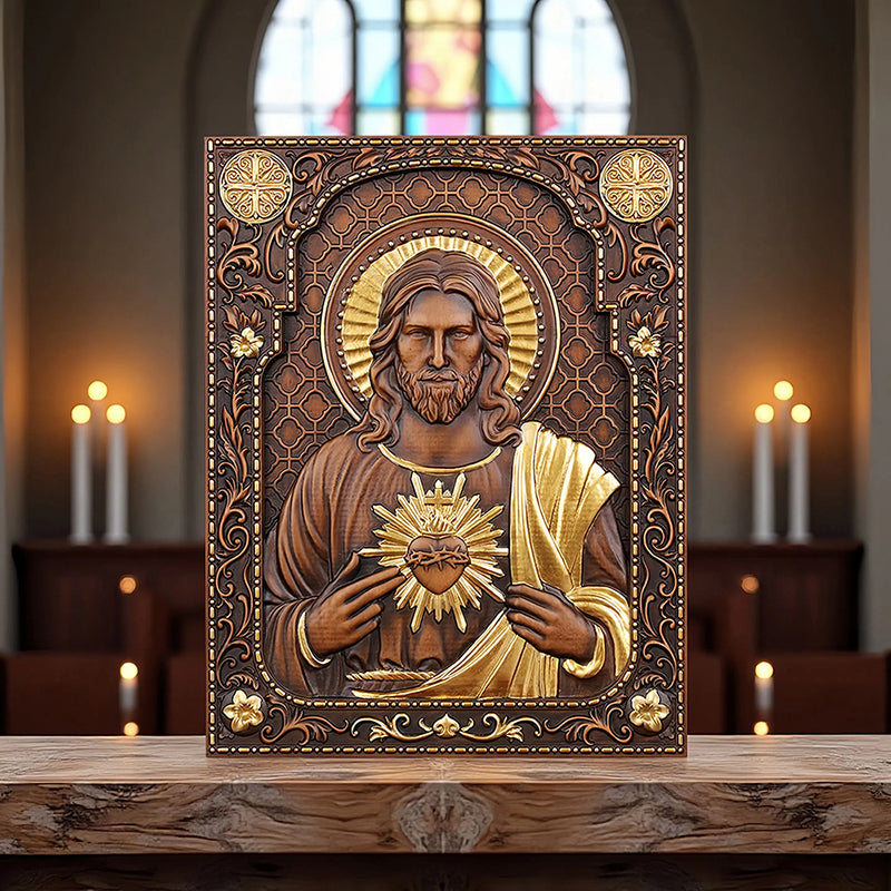 Hand Carved Sacred Heart of Jesus Statue - Catholic Devotional Wood Art, Christian Home Altar Gift - QIADGE
