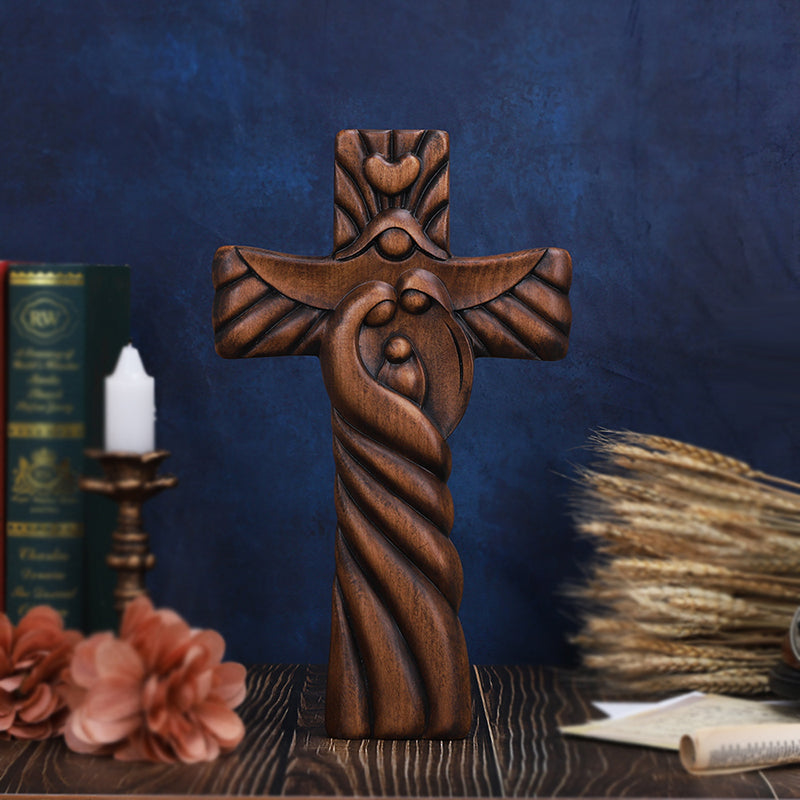 Holy Family Hand Carved Wood Icon | Joseph, Mary & Baby Jesus Figure - QIADGE