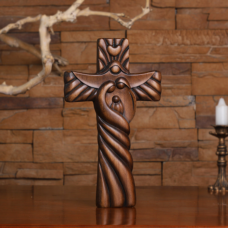 Holy Family Hand Carved Wood Icon | Joseph, Mary & Baby Jesus Figure - QIADGE