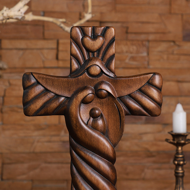 Holy Family Hand Carved Wood Icon | Joseph, Mary & Baby Jesus Figure - QIADGE