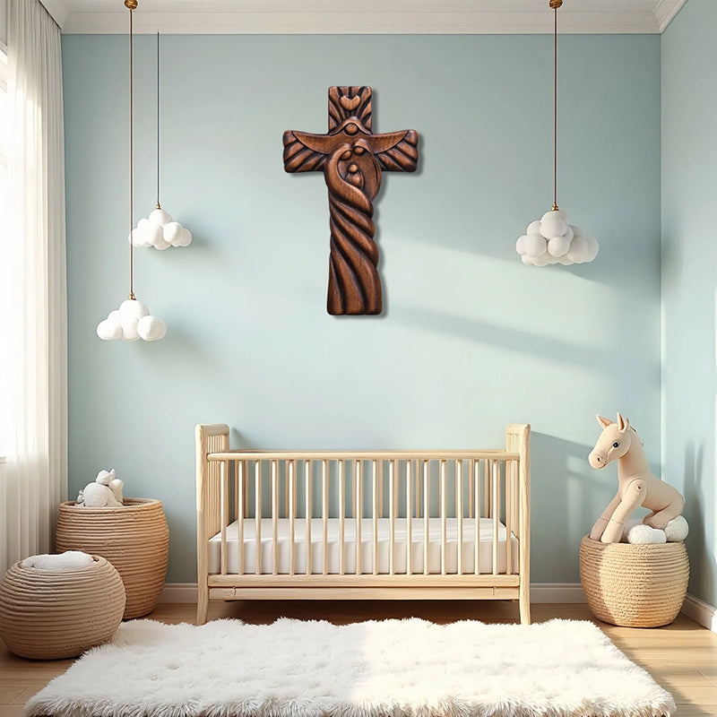 Holy Family Hand Carved Wood Icon | Joseph, Mary & Baby Jesus Figure - QIADGE
