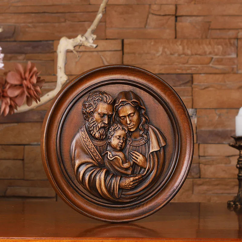 Beautiful Holy Family Wood Carving Art - 12 Inch Wall Decor for Christian Home - QIADGE