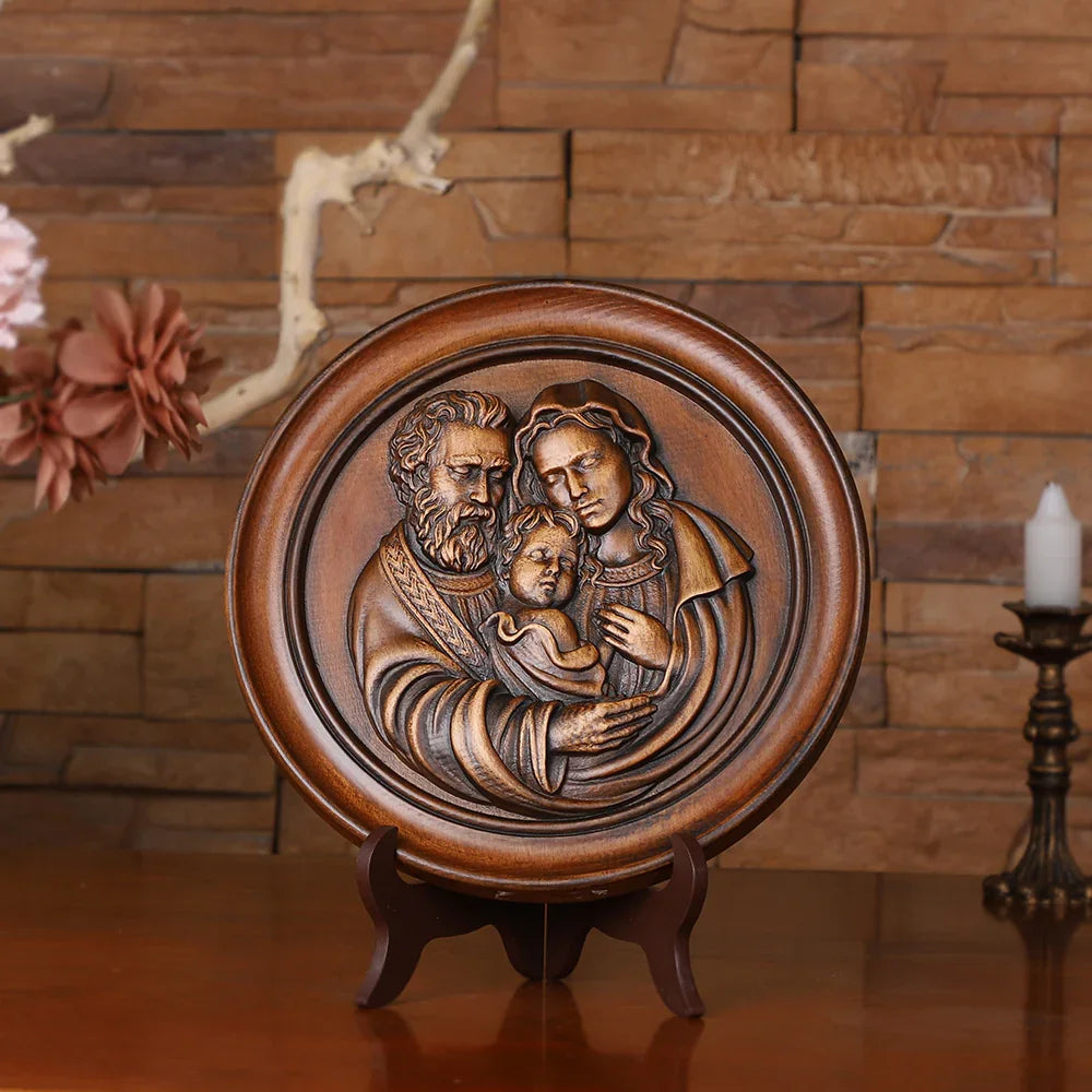 Beautiful Holy Family Wood Carving Art - 12 Inch Wall Decor for Christian Home - QIADGE