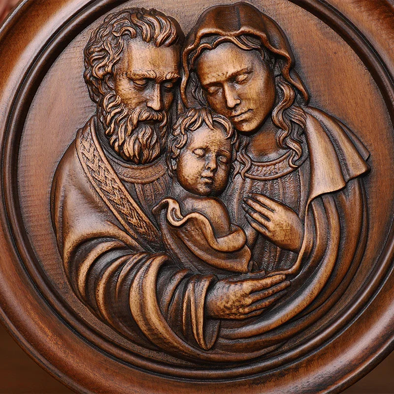 Beautiful Holy Family Wood Carving Art - 12 Inch Wall Decor for Christian Home - QIADGE