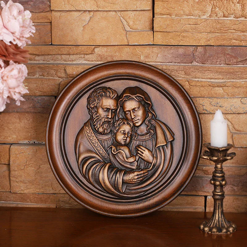 Beautiful Holy Family Wood Carving Art - 12 Inch Wall Decor for Christian Home - QIADGE