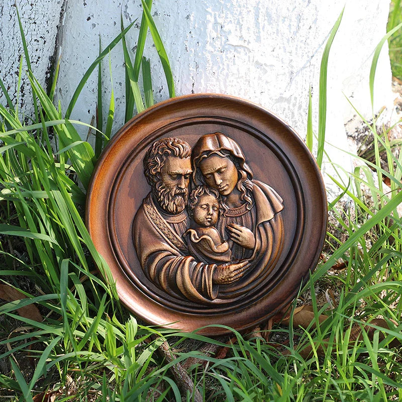 Beautiful Holy Family Wood Carving Art - 12 Inch Wall Decor for Christian Home - QIADGE