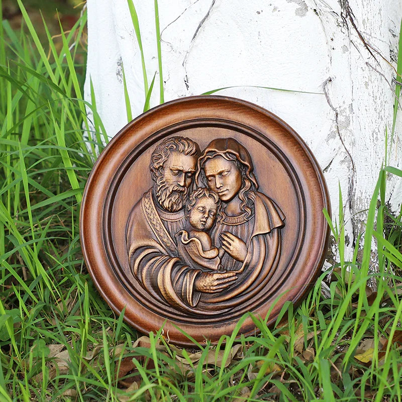 Beautiful Holy Family Wood Carving Art - 12 Inch Wall Decor for Christian Home - QIADGE
