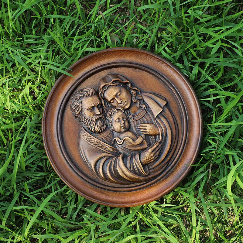 Beautiful Holy Family Wood Carving Art - 12 Inch Wall Decor for Christian Home - QIADGE