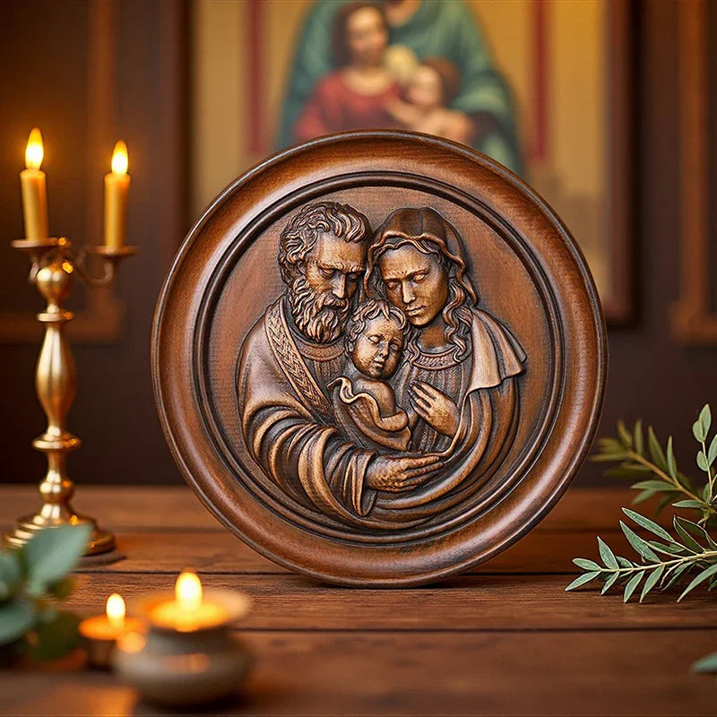 Beautiful Holy Family Wood Carving Art - 12 Inch Wall Decor for Christian Home - QIADGE