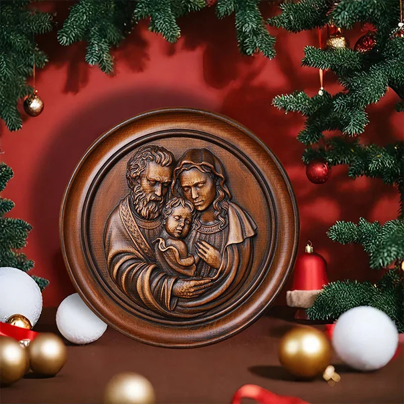 Beautiful Holy Family Wood Carving Art - 12 Inch Wall Decor for Christian Home - QIADGE