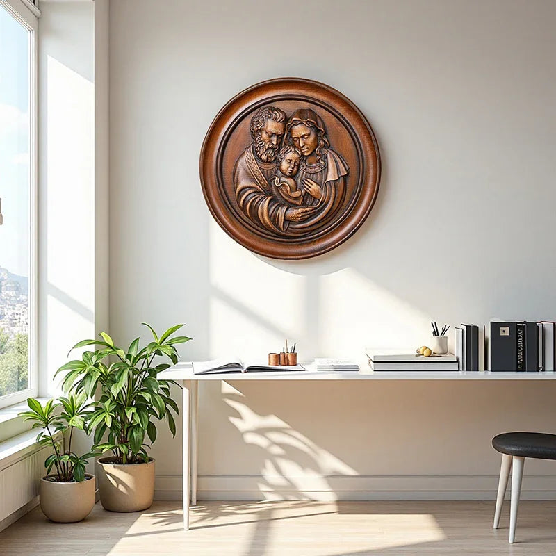 Beautiful Holy Family Wood Carving Art - 12 Inch Wall Decor for Christian Home - QIADGE