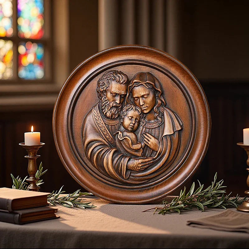 Beautiful Holy Family Wood Carving Art - 12 Inch Wall Decor for Christian Home - QIADGE