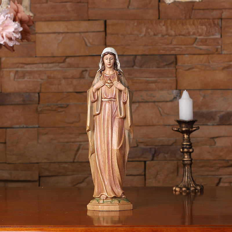 Hand-Carved Sacred Heart Mary Statue - Catholic Wood Sculpture, Hand-Painted Altar Decor, Christian Gift - QIADGE
