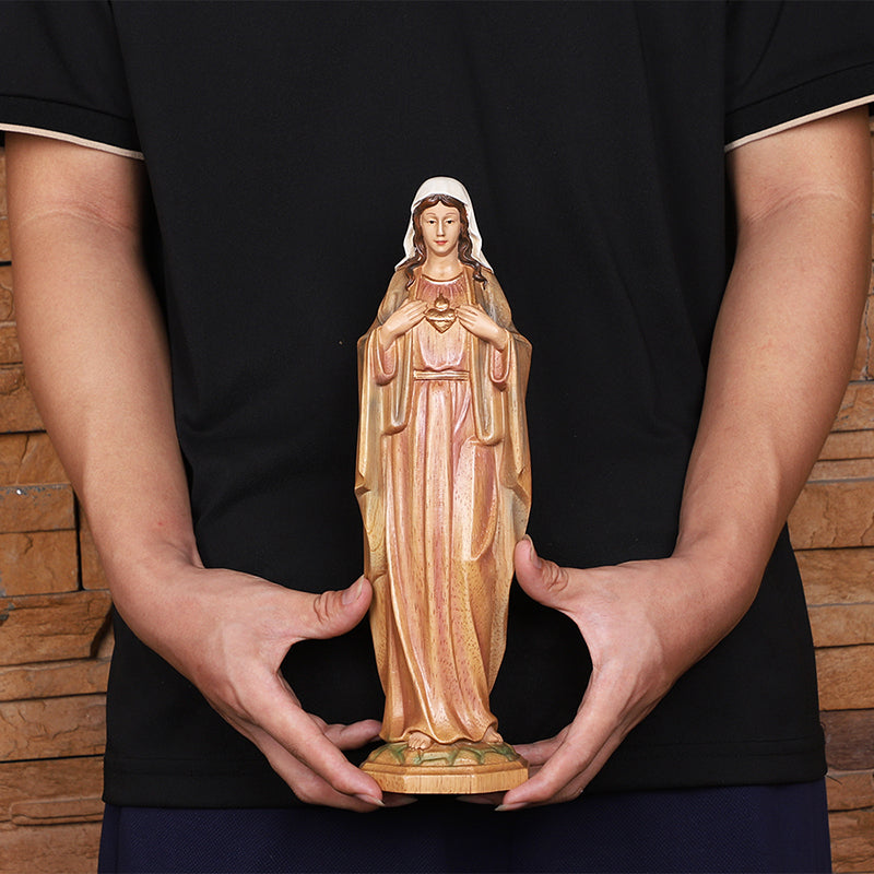 Hand-Carved Sacred Heart Mary Statue - Catholic Wood Sculpture, Hand-Painted Altar Decor, Christian Gift - QIADGE