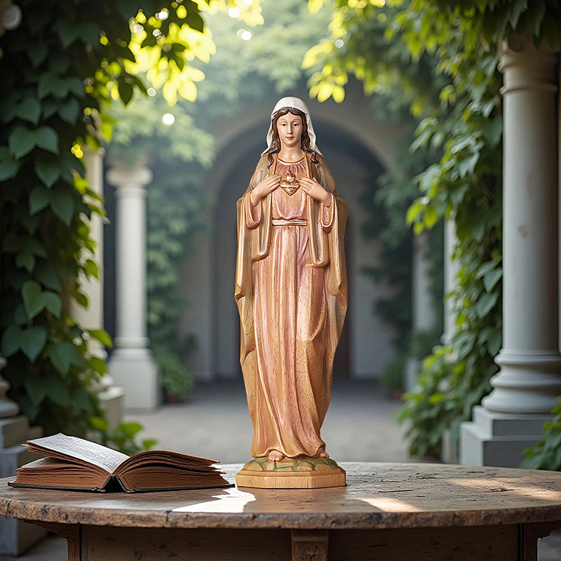 Hand-Carved Sacred Heart Mary Statue - Catholic Wood Sculpture, Hand-Painted Altar Decor, Christian Gift - QIADGE