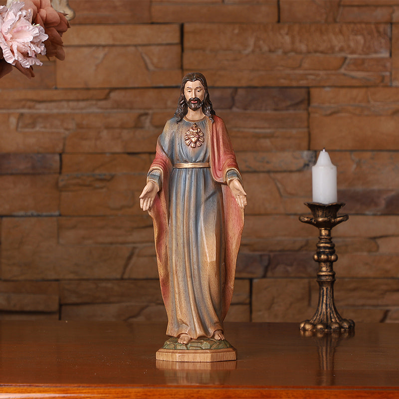 Redemption Jesus Statue - Hand-Carved Painted Wooden Christ Figure with Outstretched Arms, Christian Altar Decor & Sacred Home Blessing - QIADGE
