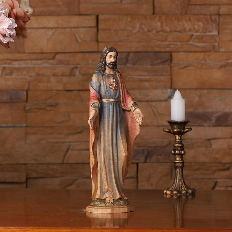 Redemption Jesus Statue - Hand-Carved Painted Wooden Christ Figure with Outstretched Arms, Christian Altar Decor & Sacred Home Blessing - QIADGE