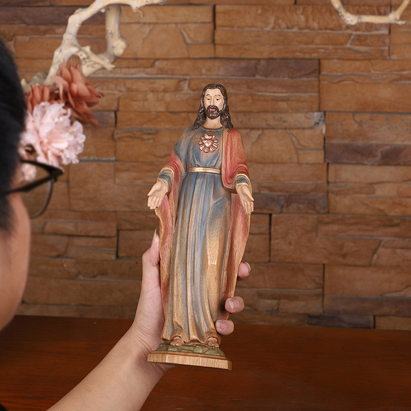 Redemption Jesus Statue - Hand-Carved Painted Wooden Christ Figure with Outstretched Arms, Christian Altar Decor & Sacred Home Blessing - QIADGE