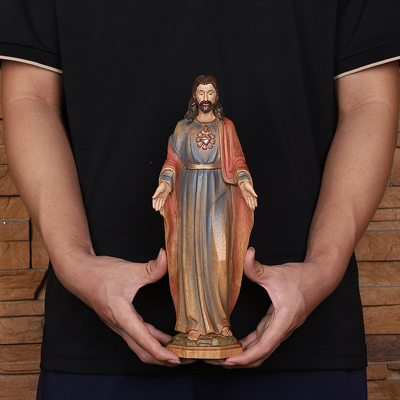 Redemption Jesus Statue - Hand-Carved Painted Wooden Christ Figure with Outstretched Arms, Christian Altar Decor & Sacred Home Blessing - QIADGE