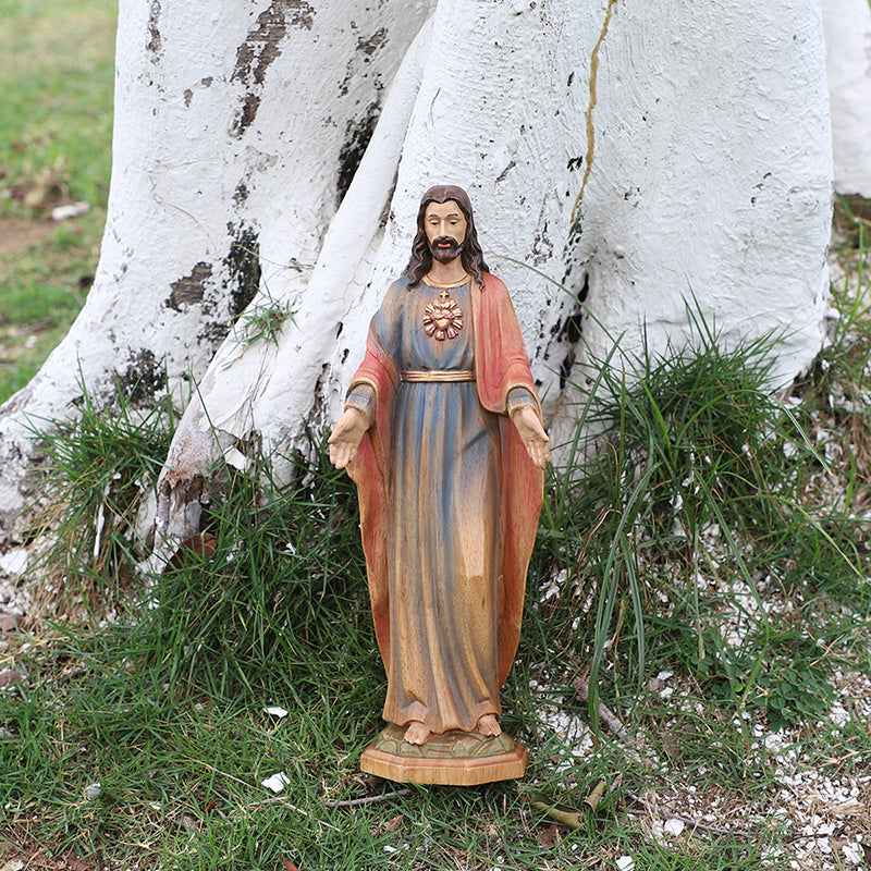 Redemption Jesus Statue - Hand-Carved Painted Wooden Christ Figure with Outstretched Arms, Christian Altar Decor & Sacred Home Blessing - QIADGE