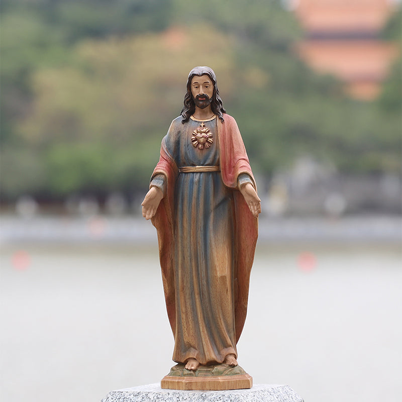 Redemption Jesus Statue - Hand-Carved Painted Wooden Christ Figure with Outstretched Arms, Christian Altar Decor & Sacred Home Blessing - QIADGE