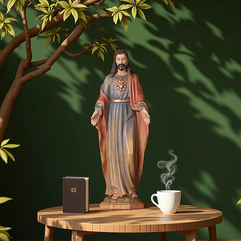 Redemption Jesus Statue - Hand-Carved Painted Wooden Christ Figure with Outstretched Arms, Christian Altar Decor & Sacred Home Blessing - QIADGE