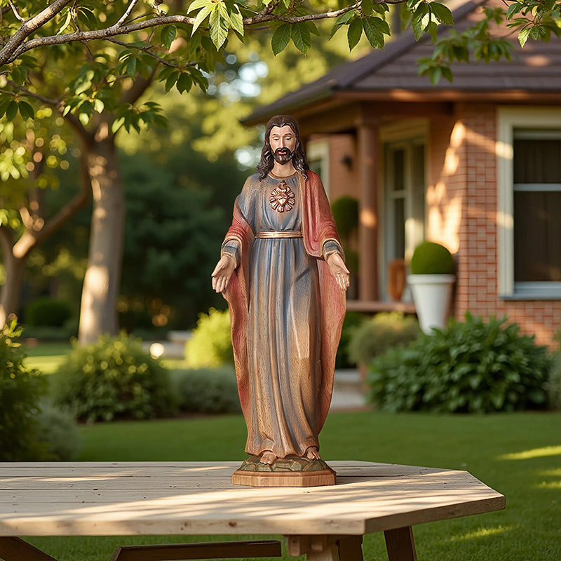 Redemption Jesus Statue - Hand-Carved Painted Wooden Christ Figure with Outstretched Arms, Christian Altar Decor & Sacred Home Blessing - QIADGE