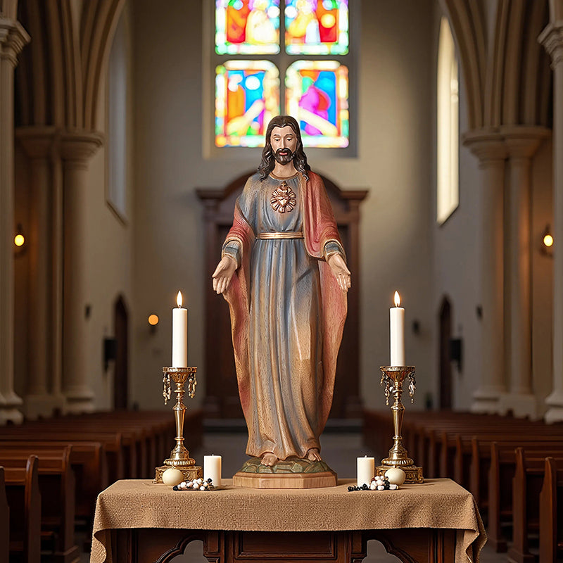 Redemption Jesus Statue - Hand-Carved Painted Wooden Christ Figure with Outstretched Arms, Christian Altar Decor & Sacred Home Blessing - QIADGE