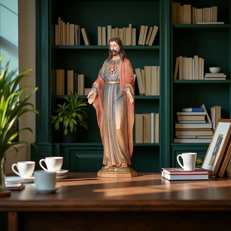 Redemption Jesus Statue - Hand-Carved Painted Wooden Christ Figure with Outstretched Arms, Christian Altar Decor & Sacred Home Blessing - QIADGE