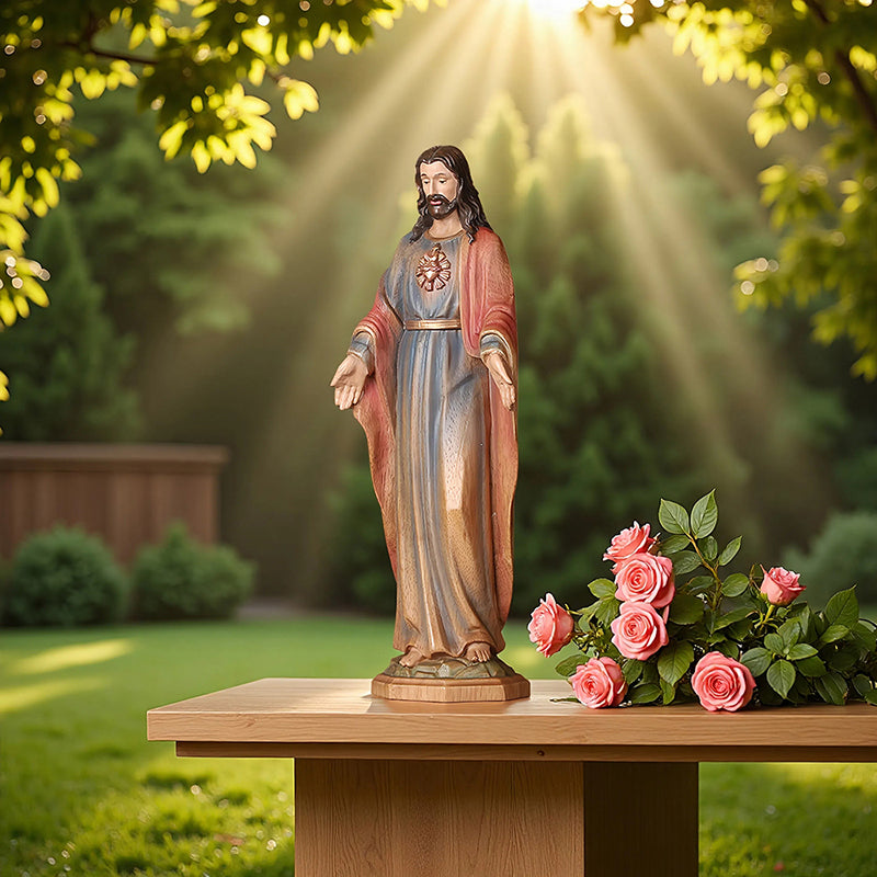 Redemption Jesus Statue - Hand-Carved Painted Wooden Christ Figure with Outstretched Arms, Christian Altar Decor & Sacred Home Blessing - QIADGE