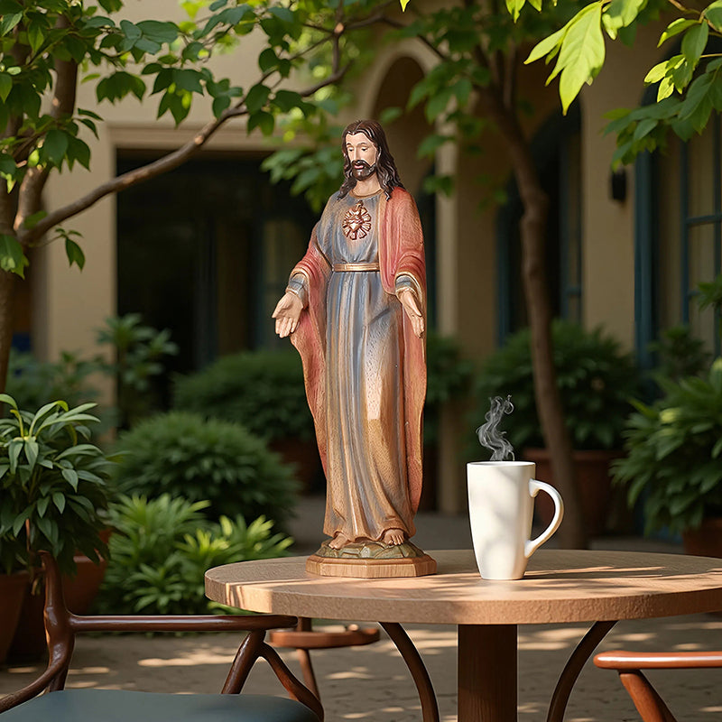 Redemption Jesus Statue - Hand-Carved Painted Wooden Christ Figure with Outstretched Arms, Christian Altar Decor & Sacred Home Blessing - QIADGE