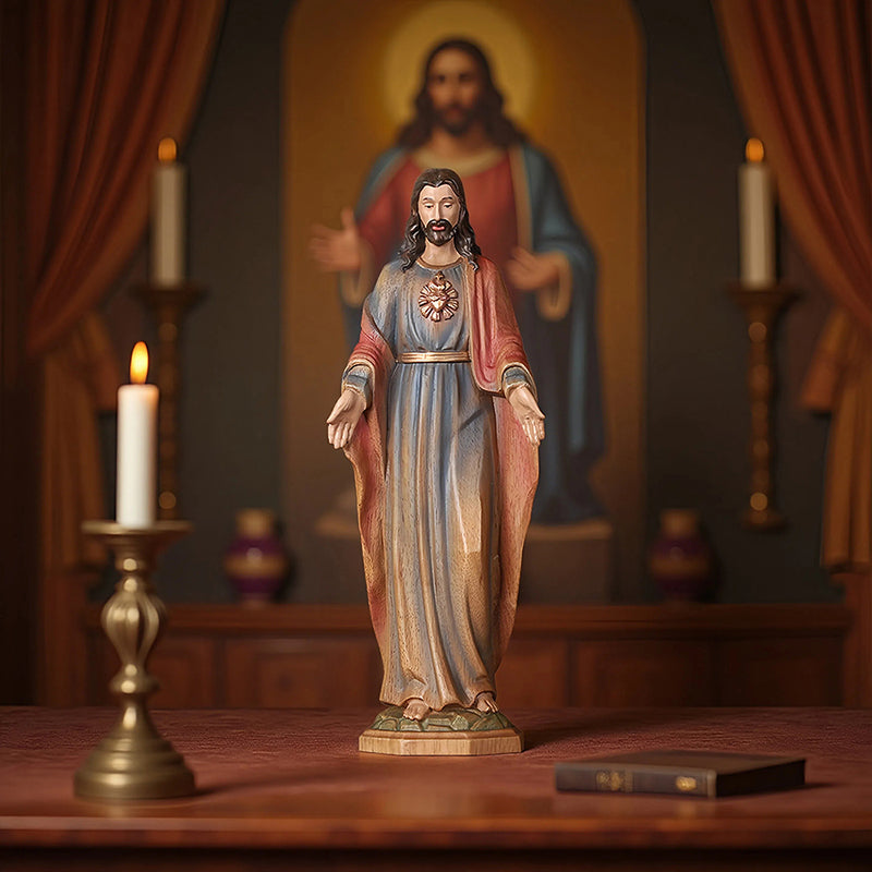 Redemption Jesus Statue - Hand-Carved Painted Wooden Christ Figure with Outstretched Arms, Christian Altar Decor & Sacred Home Blessing - QIADGE