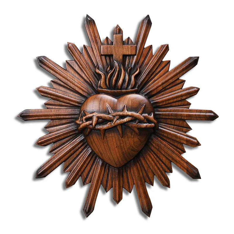 Crown of Thorns Jesus Sacred Heart Wall Carving - Handmade Catholic Wood Art | Church Altar Decor - QIADGE