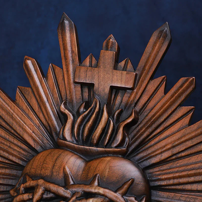 Crown of Thorns Jesus Sacred Heart Wall Carving - Handmade Catholic Wood Art | Church Altar Decor - QIADGE