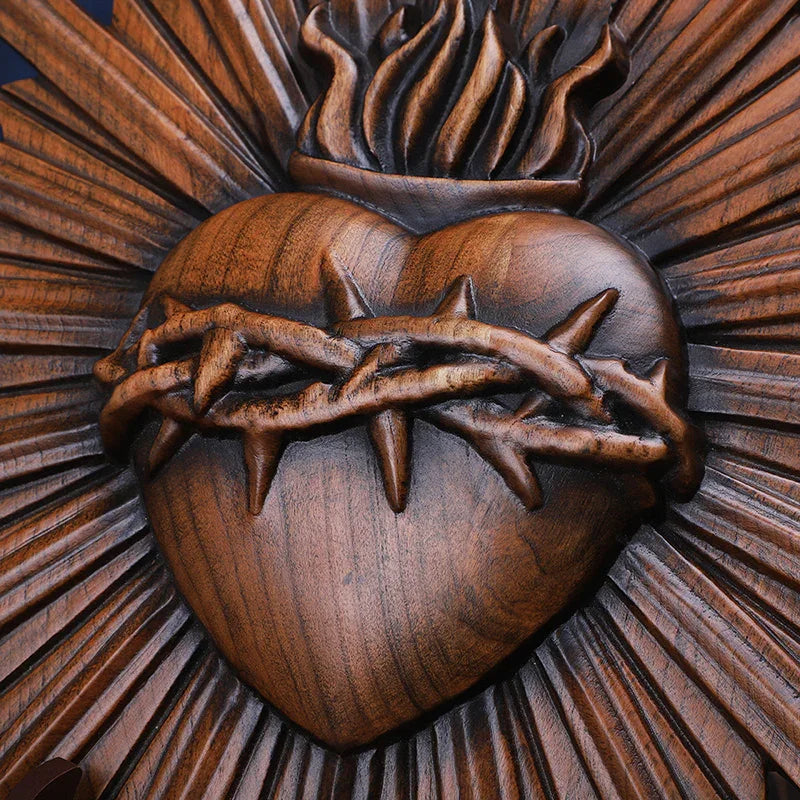 Crown of Thorns Jesus Sacred Heart Wall Carving - Handmade Catholic Wood Art | Church Altar Decor - QIADGE