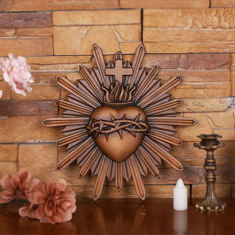 Crown of Thorns Jesus Sacred Heart Wall Carving - Handmade Catholic Wood Art | Church Altar Decor - QIADGE