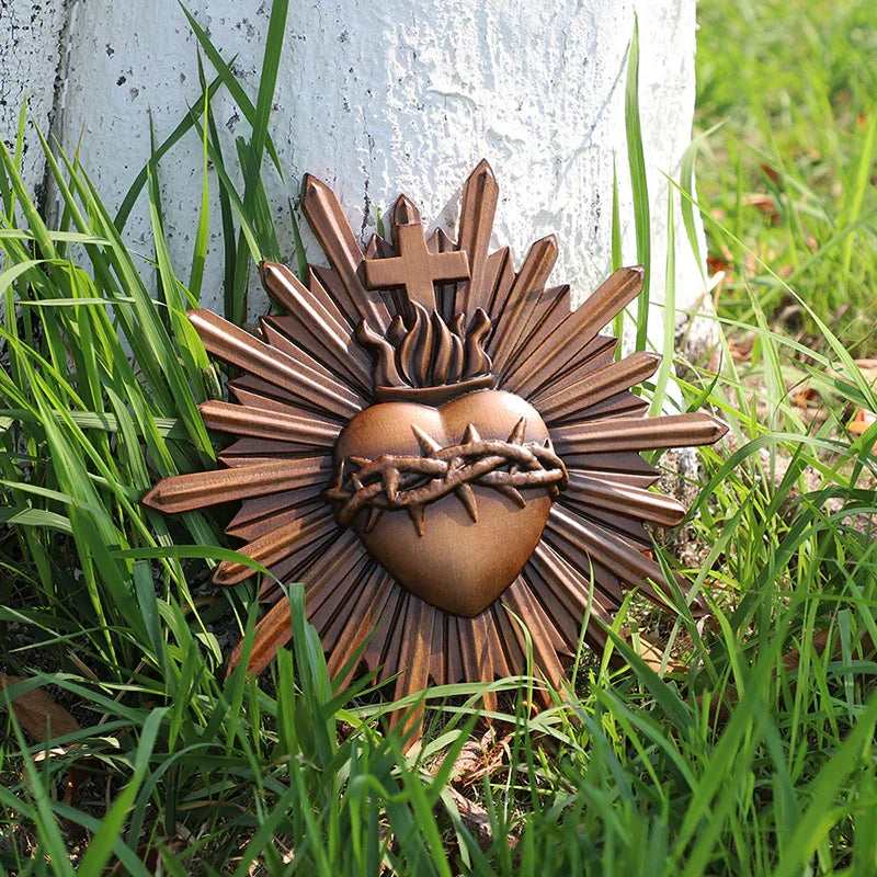 Crown of Thorns Jesus Sacred Heart Wall Carving - Handmade Catholic Wood Art | Church Altar Decor - QIADGE