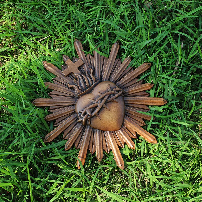 Crown of Thorns Jesus Sacred Heart Wall Carving - Handmade Catholic Wood Art | Church Altar Decor - QIADGE
