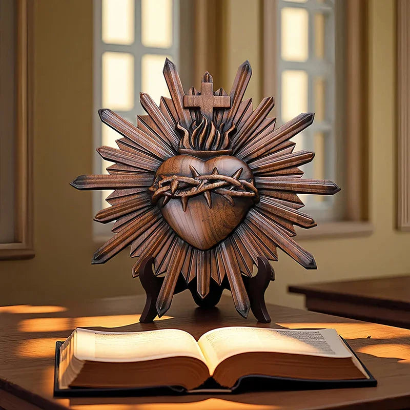 Crown of Thorns Jesus Sacred Heart Wall Carving - Handmade Catholic Wood Art | Church Altar Decor - QIADGE