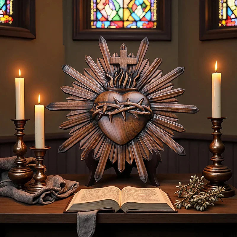 Crown of Thorns Jesus Sacred Heart Wall Carving - Handmade Catholic Wood Art | Church Altar Decor - QIADGE