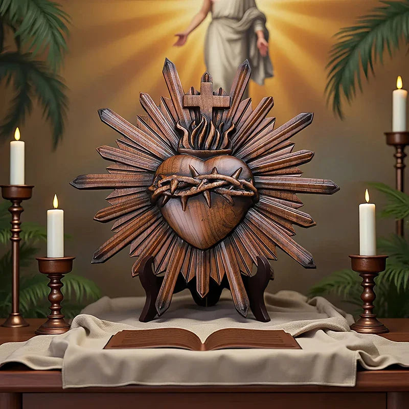 Crown of Thorns Jesus Sacred Heart Wall Carving - Handmade Catholic Wood Art | Church Altar Decor - QIADGE
