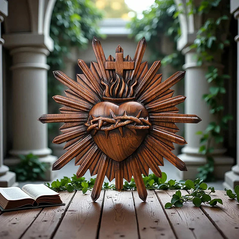 Crown of Thorns Jesus Sacred Heart Wall Carving - Handmade Catholic Wood Art | Church Altar Decor - QIADGE