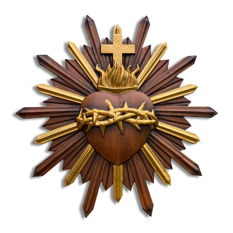 Crown of Thorns Jesus Sacred Heart Wall Carving - Handmade Catholic Wood Art | Church Altar Decor - QIADGE