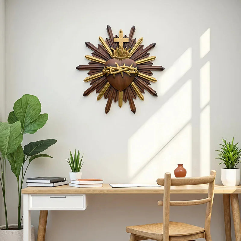 Crown of Thorns Jesus Sacred Heart Wall Carving - Handmade Catholic Wood Art | Church Altar Decor - QIADGE