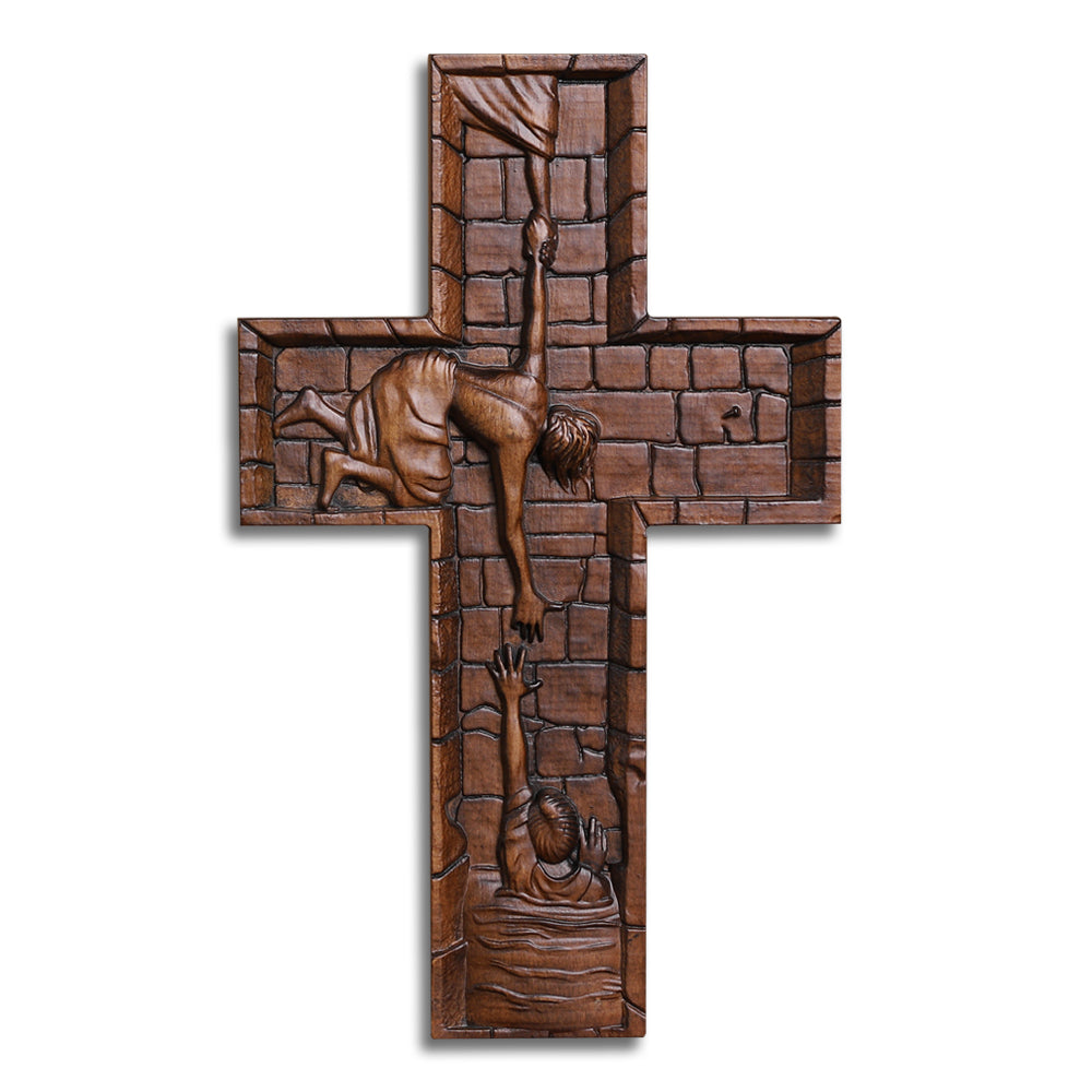 Hand Carved Savior Jesus Cross - Natural Wood Redemption Scene Religious Art & Christian Spiritual Home Altar - QIADGE