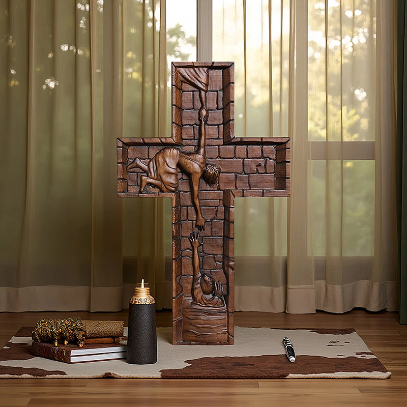 Hand Carved Savior Jesus Cross - Natural Wood Redemption Scene Religious Art & Christian Spiritual Home Altar - QIADGE